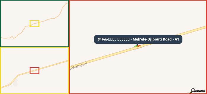 Map showing the address of መቀሌ-طريق جيبوتي - Mek’ele-Djibouti Road - A1 in three different zoom levels.