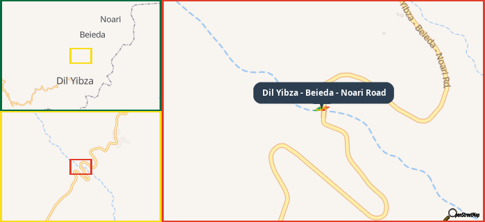 Map showing the address of Dil Yibza - Beieda - Noari Road in three different zoom levels.