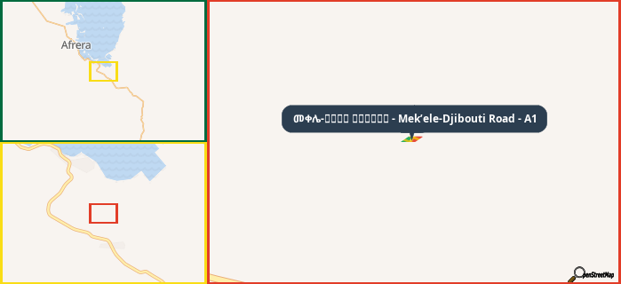 Map showing the address of መቀሌ-طريق جيبوتي - Mek’ele-Djibouti Road - A1 in three different zoom levels.