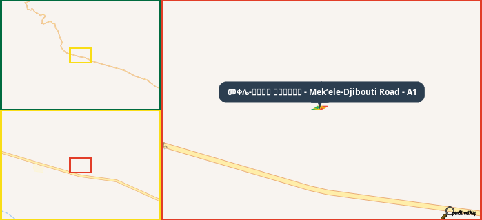 Map showing the address of መቀሌ-طريق جيبوتي - Mek’ele-Djibouti Road - A1 in three different zoom levels.