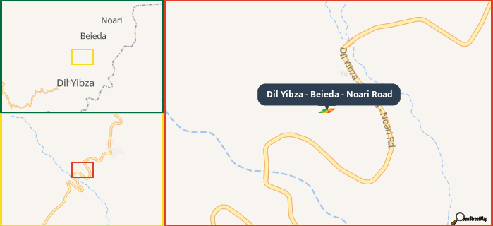 Map showing the address of Dil Yibza - Beieda - Noari Road in three different zoom levels.