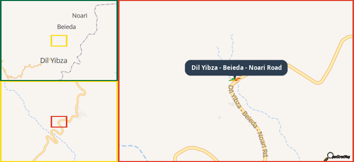Map showing the address of Dil Yibza - Beieda - Noari Road in three different zoom levels.