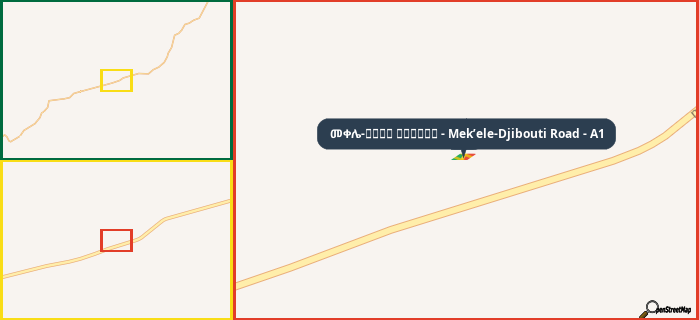 Map showing the address of መቀሌ-طريق جيبوتي - Mek’ele-Djibouti Road - A1 in three different zoom levels.