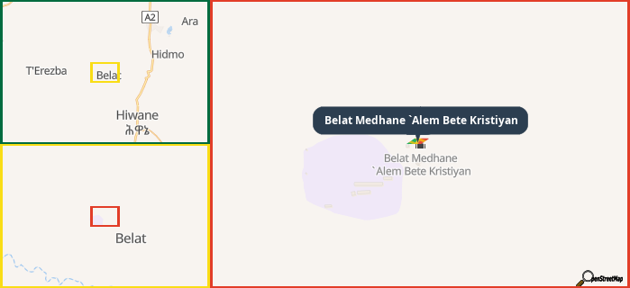 Map showing the address of Belat Medhane `Alem Bete Kristiyan in three different zoom levels.