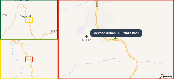 Map showing the address of Mekane Birhan - Dil Yibza Road in three different zoom levels.