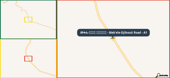 Map showing the address of መቀሌ-طريق جيبوتي - Mek’ele-Djibouti Road - A1 in three different zoom levels.