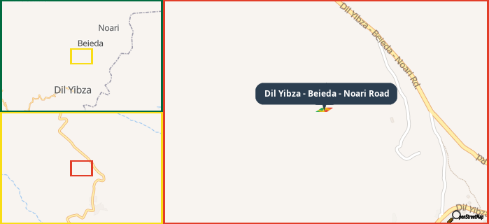 Map showing the address of Dil Yibza - Beieda - Noari Road in three different zoom levels.