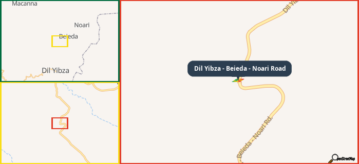 Map showing the address of Dil Yibza - Beieda - Noari Road in three different zoom levels.