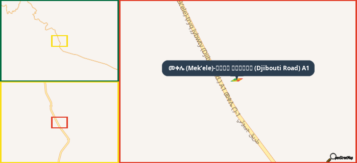 Map showing the address of መቀሌ (Mek’ele)-طريق جيبوتي (Djibouti Road) A1 in three different zoom levels.