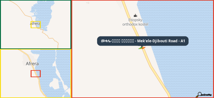 Map showing the address of መቀሌ-طريق جيبوتي - Mek’ele-Djibouti Road - A1 in three different zoom levels.