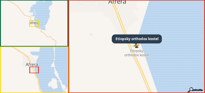 Map showing the address of Etiopsky orthodox kostel in three different zoom levels.