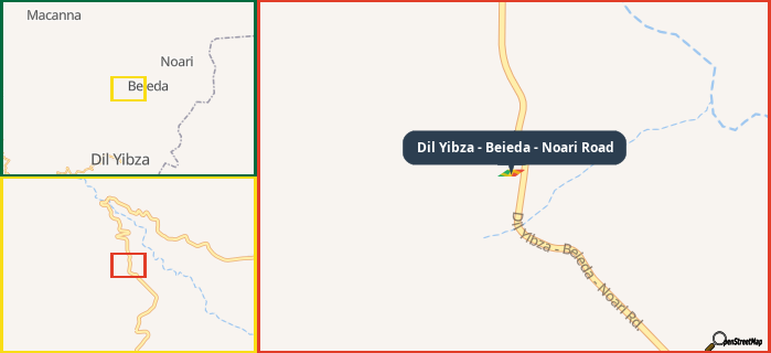 Map showing the address of Dil Yibza - Beieda - Noari Road in three different zoom levels.