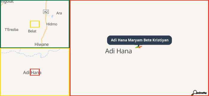 Map showing the address of Adi Hana Maryam Bete Kristiyan in three different zoom levels.