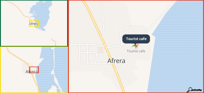 Map showing the address of Tourist cafe in three different zoom levels.