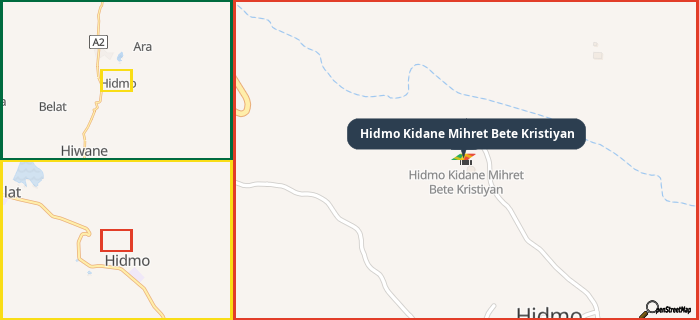 Map showing the address of Hidmo Kidane Mihret Bete Kristiyan in three different zoom levels.