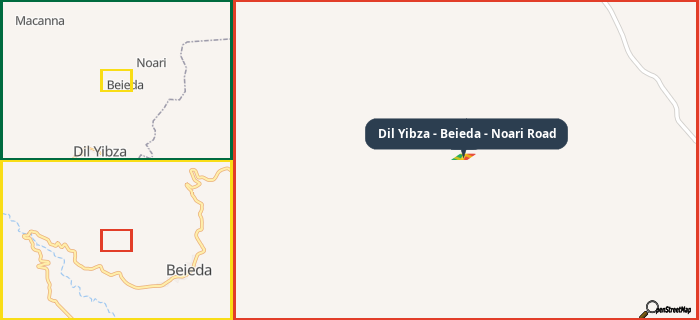 Map showing the address of Dil Yibza - Beieda - Noari Road in three different zoom levels.