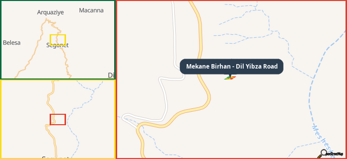 Map showing the address of Mekane Birhan - Dil Yibza Road in three different zoom levels.