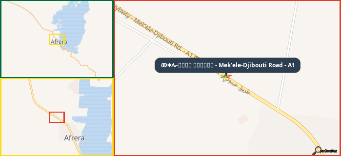 Map showing the address of መቀሌ-طريق جيبوتي - Mek’ele-Djibouti Road - A1 in three different zoom levels.
