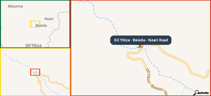 Map showing the address of Dil Yibza - Beieda - Noari Road in three different zoom levels.