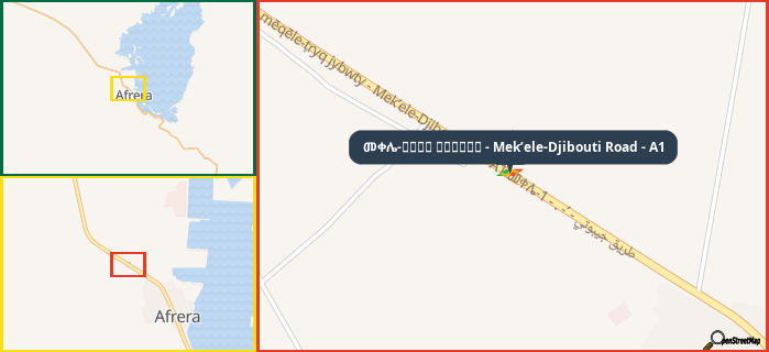 Map showing the address of መቀሌ-طريق جيبوتي - Mek’ele-Djibouti Road - A1 in three different zoom levels.