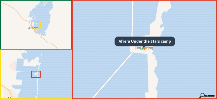 Map showing the address of Afrera Under the Stars camp in three different zoom levels.
