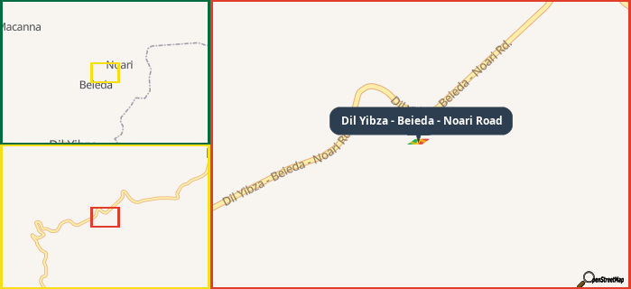 Map showing the address of Dil Yibza - Beieda - Noari Road in three different zoom levels.