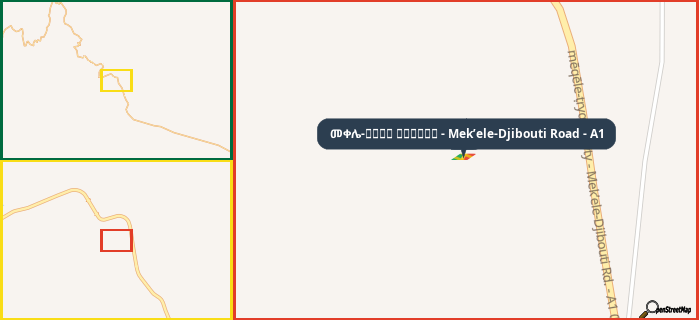 Map showing the address of መቀሌ-طريق جيبوتي - Mek’ele-Djibouti Road - A1 in three different zoom levels.