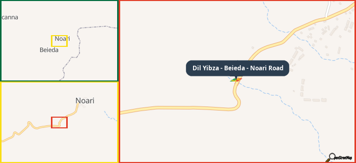Map showing the address of Dil Yibza - Beieda - Noari Road in three different zoom levels.