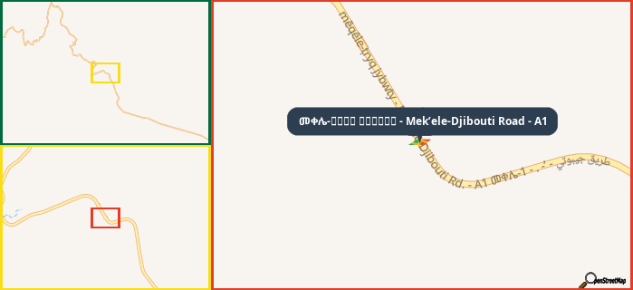 Map showing the address of መቀሌ-طريق جيبوتي - Mek’ele-Djibouti Road - A1 in three different zoom levels.