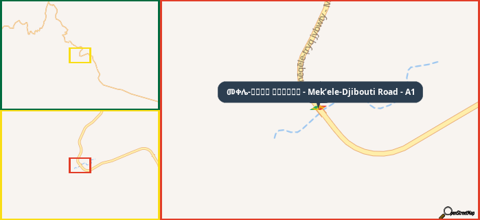 Map showing the address of መቀሌ-طريق جيبوتي - Mek’ele-Djibouti Road - A1 in three different zoom levels.