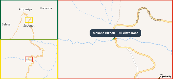 Map showing the address of Mekane Birhan - Dil Yibza Road in three different zoom levels.