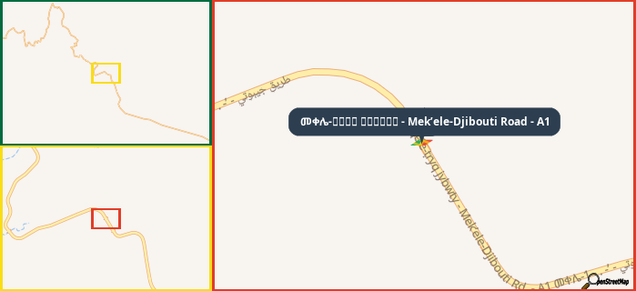 Map showing the address of መቀሌ-طريق جيبوتي - Mek’ele-Djibouti Road - A1 in three different zoom levels.