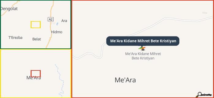 Map showing the address of Me'Ara Kidane Mihret Bete Kristiyan in three different zoom levels.
