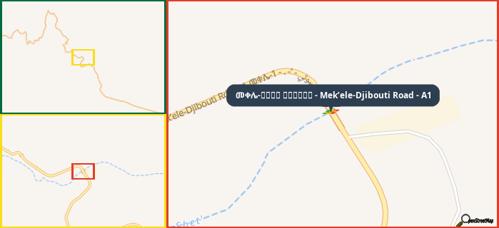 Map showing the address of መቀሌ-طريق جيبوتي - Mek’ele-Djibouti Road - A1 in three different zoom levels.