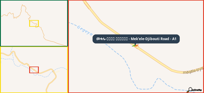 Map showing the address of መቀሌ-طريق جيبوتي - Mek’ele-Djibouti Road - A1 in three different zoom levels.