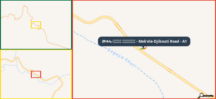 Map showing the address of መቀሌ-طريق جيبوتي - Mek’ele-Djibouti Road - A1 in three different zoom levels.