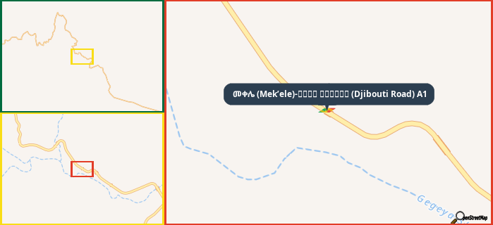 Map showing the address of መቀሌ (Mek’ele)-طريق جيبوتي (Djibouti Road) A1 in three different zoom levels.