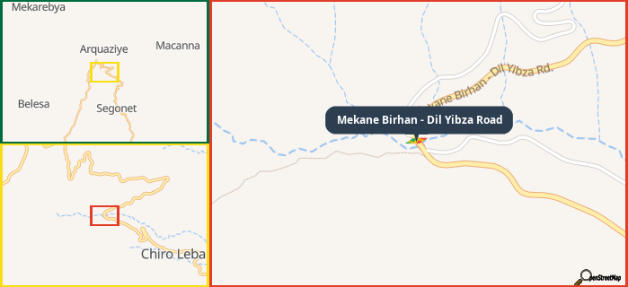 Map showing the address of Mekane Birhan - Dil Yibza Road in three different zoom levels.