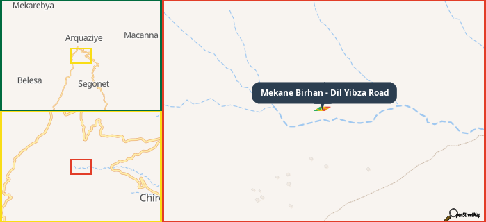 Map showing the address of Mekane Birhan - Dil Yibza Road in three different zoom levels.