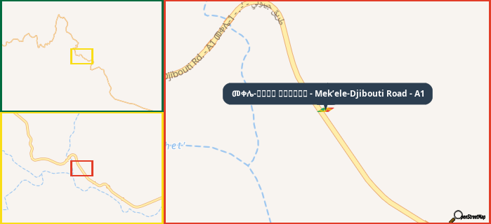 Map showing the address of መቀሌ-طريق جيبوتي - Mek’ele-Djibouti Road - A1 in three different zoom levels.
