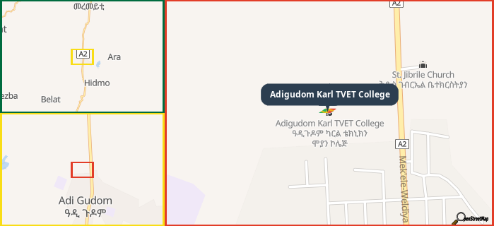 Map showing the address of Adigudom Karl TVET College in three different zoom levels.