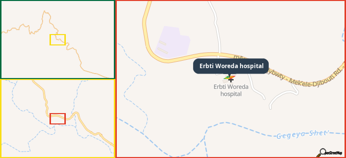 Map showing the address of Erbti Woreda hospital in three different zoom levels.