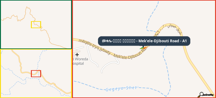 Map showing the address of መቀሌ-طريق جيبوتي - Mek’ele-Djibouti Road - A1 in three different zoom levels.