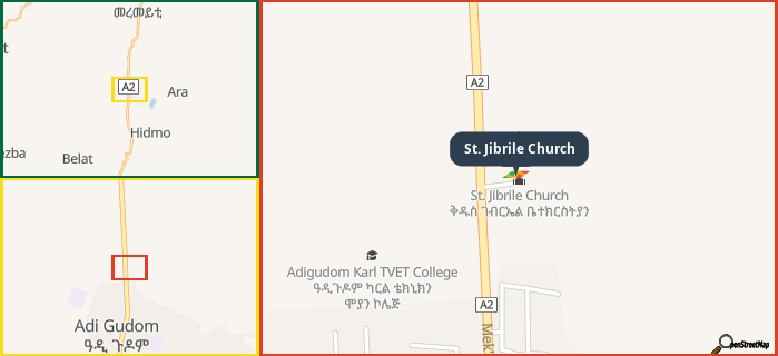 Map showing the address of St. Jibrile Church in three different zoom levels.