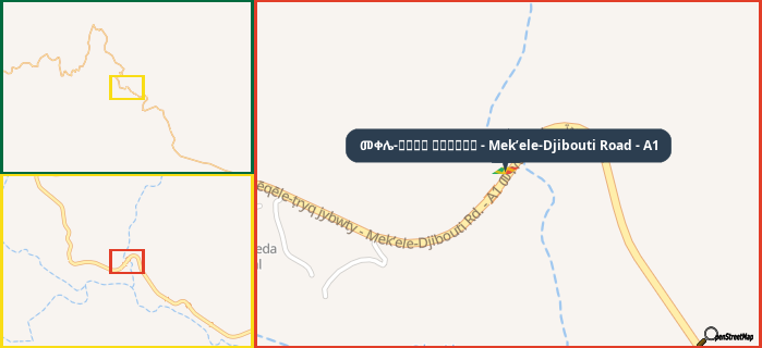 Map showing the address of መቀሌ-طريق جيبوتي - Mek’ele-Djibouti Road - A1 in three different zoom levels.