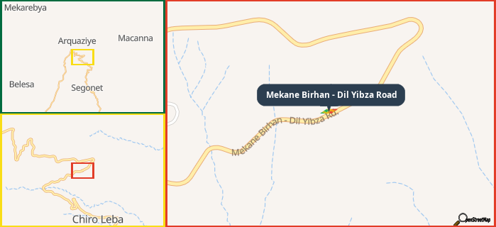 Map showing the address of Mekane Birhan - Dil Yibza Road in three different zoom levels.