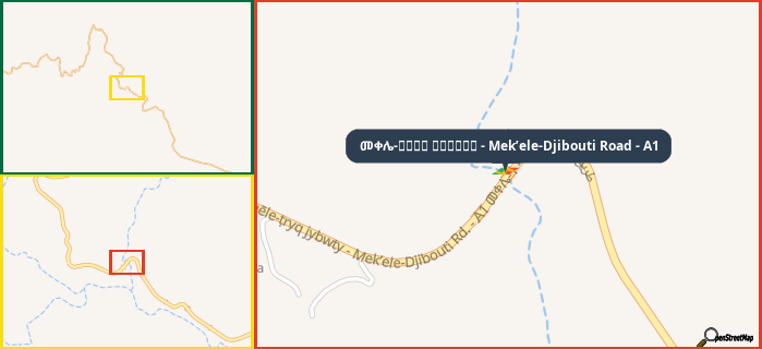 Map showing the address of መቀሌ-طريق جيبوتي - Mek’ele-Djibouti Road - A1 in three different zoom levels.