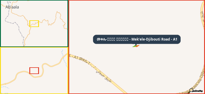 Map showing the address of መቀሌ-طريق جيبوتي - Mek’ele-Djibouti Road - A1 in three different zoom levels.