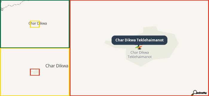 Map showing the address of Char Dikwa Teklehaimanot in three different zoom levels.