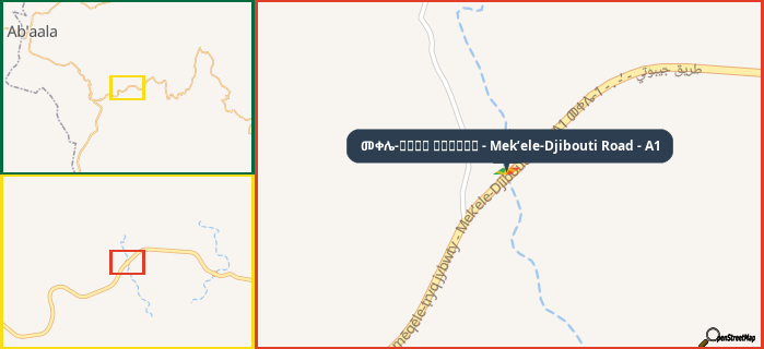Map showing the address of መቀሌ-طريق جيبوتي - Mek’ele-Djibouti Road - A1 in three different zoom levels.